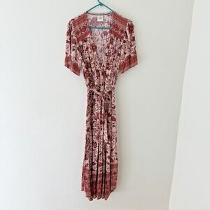 Boho Maxi Dress Womens M Pink V Neck Floral‎ Bohemian Hippie Cottage Faux Wrap